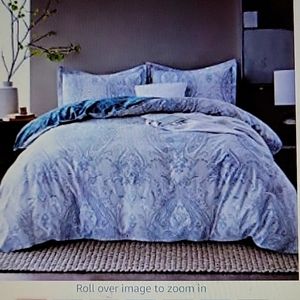 JUCFHY Duvet 1 Cover 2 shams set Queen Blue Paisley Damask 600 Thread Count New…
